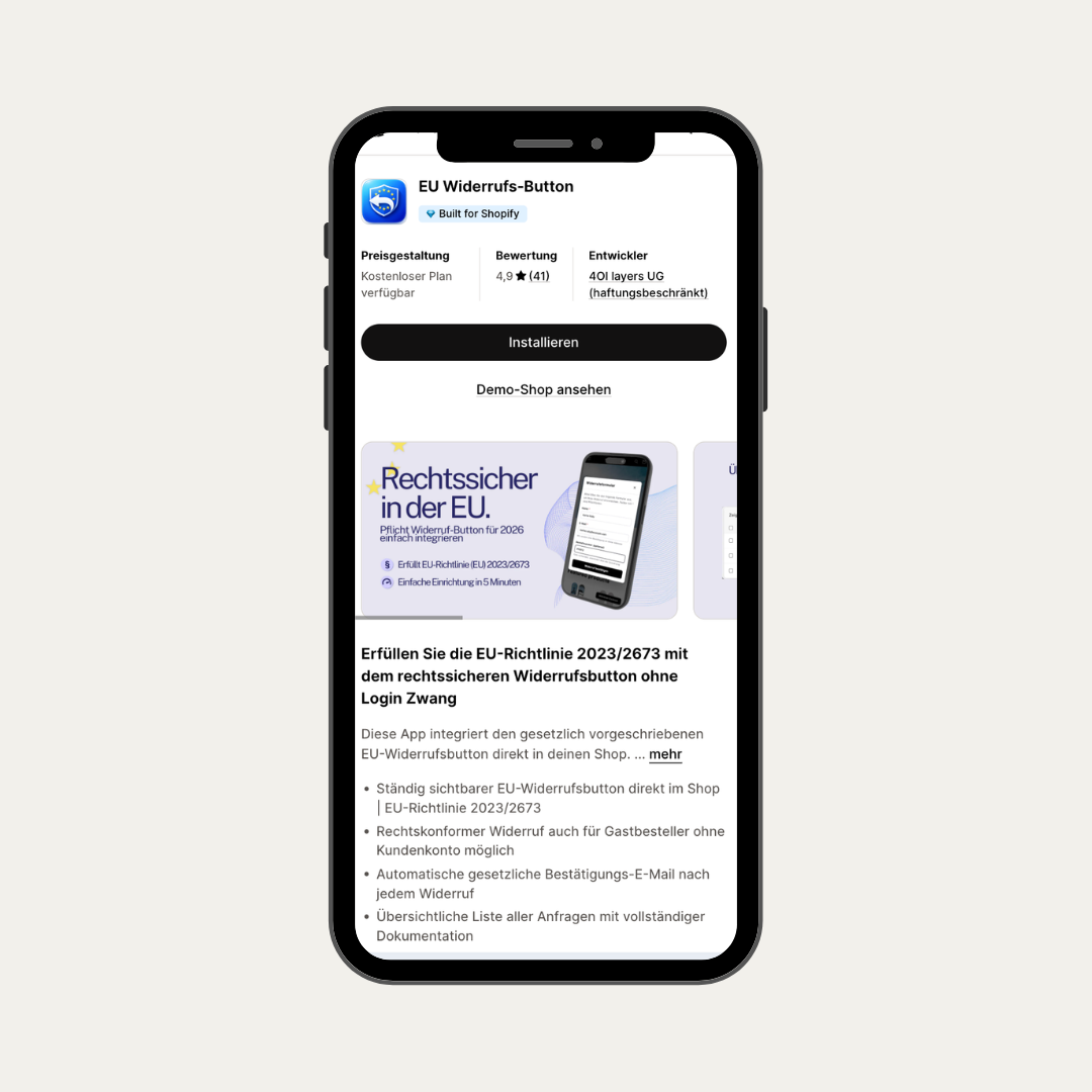 Mockp der Widerrufs-Button App für Shopify