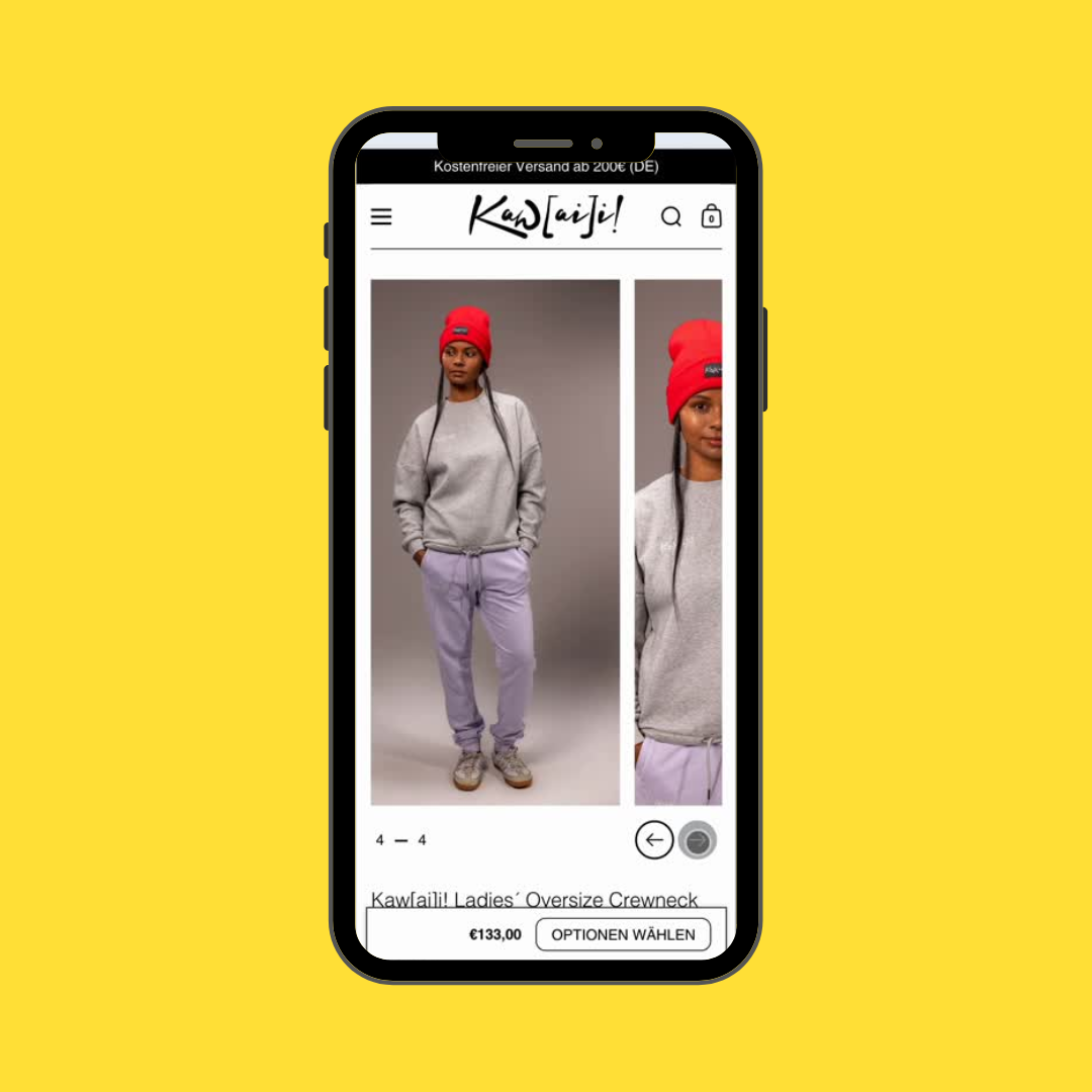Das Mockup zeigt, dass durch eine dynamische Bildlogik auf Produktseiten nur die zur ausgewählten Farbvariante passenden Bilder angezeigt werden, was für eine klare und aufgeräumte Darstellung sorgt.