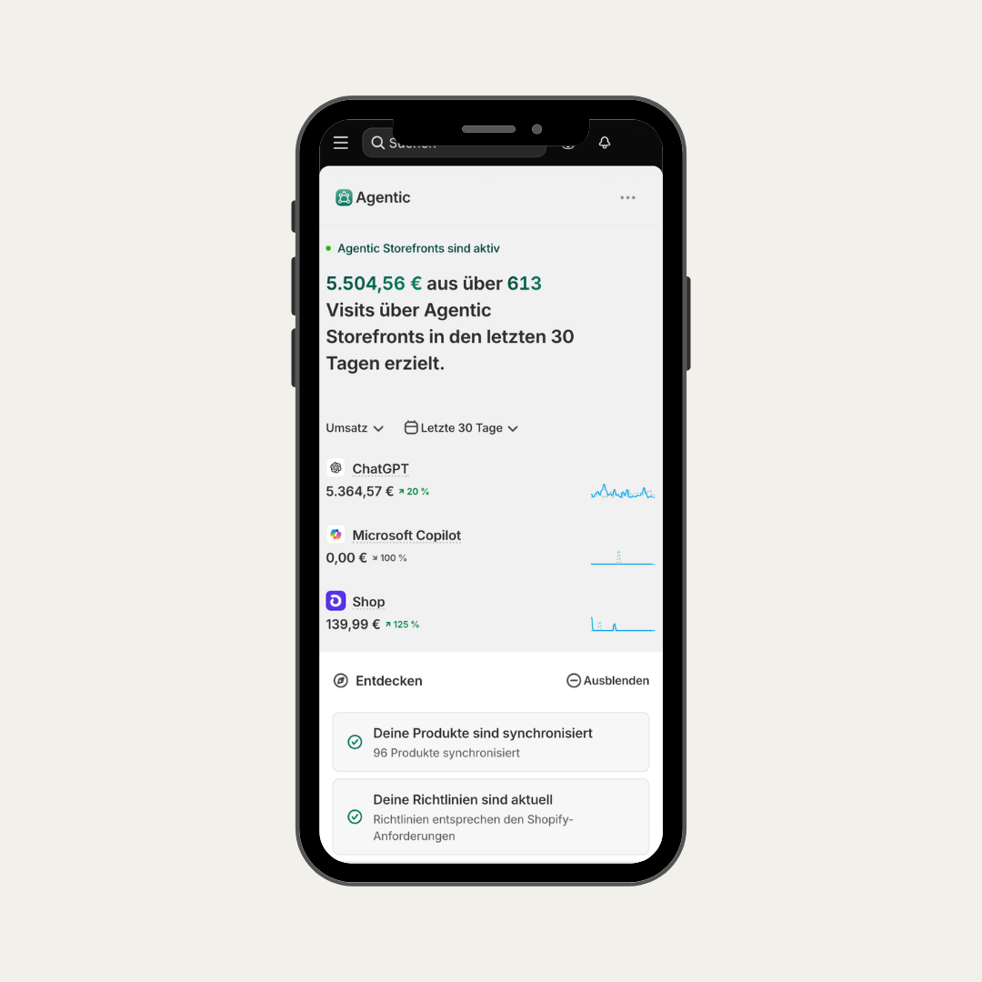 Das Mockup zeigt die Datenauswertung eines Shopify Shops von Agentic.