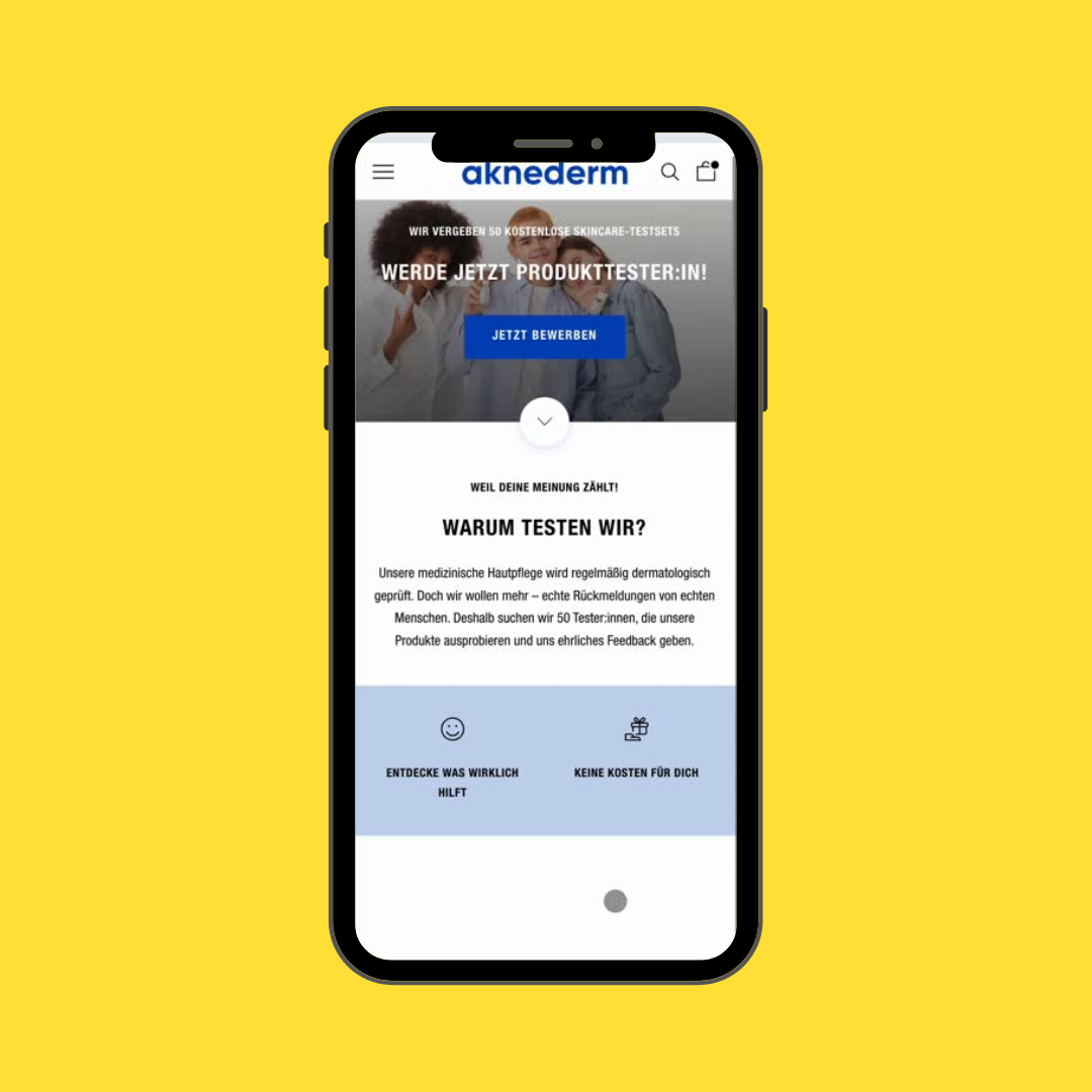 Das Mockup zeigt eine Landingpage, über die Tester:innen für aknederm gewonnen und der Bewerbungsprozess automatisiert abgewickelt wird.
