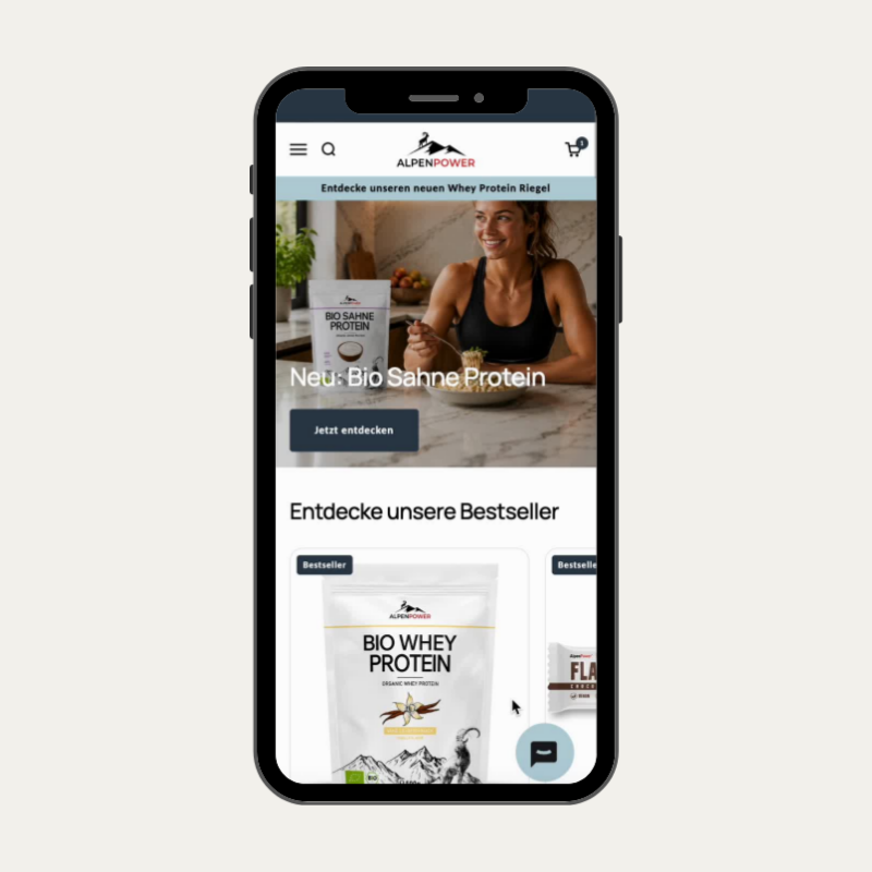Der neue AlpenPower Shopify Shop zeigt das überarbeitete Design mit einer klareren Struktur und einem moderneren, blauen Look.