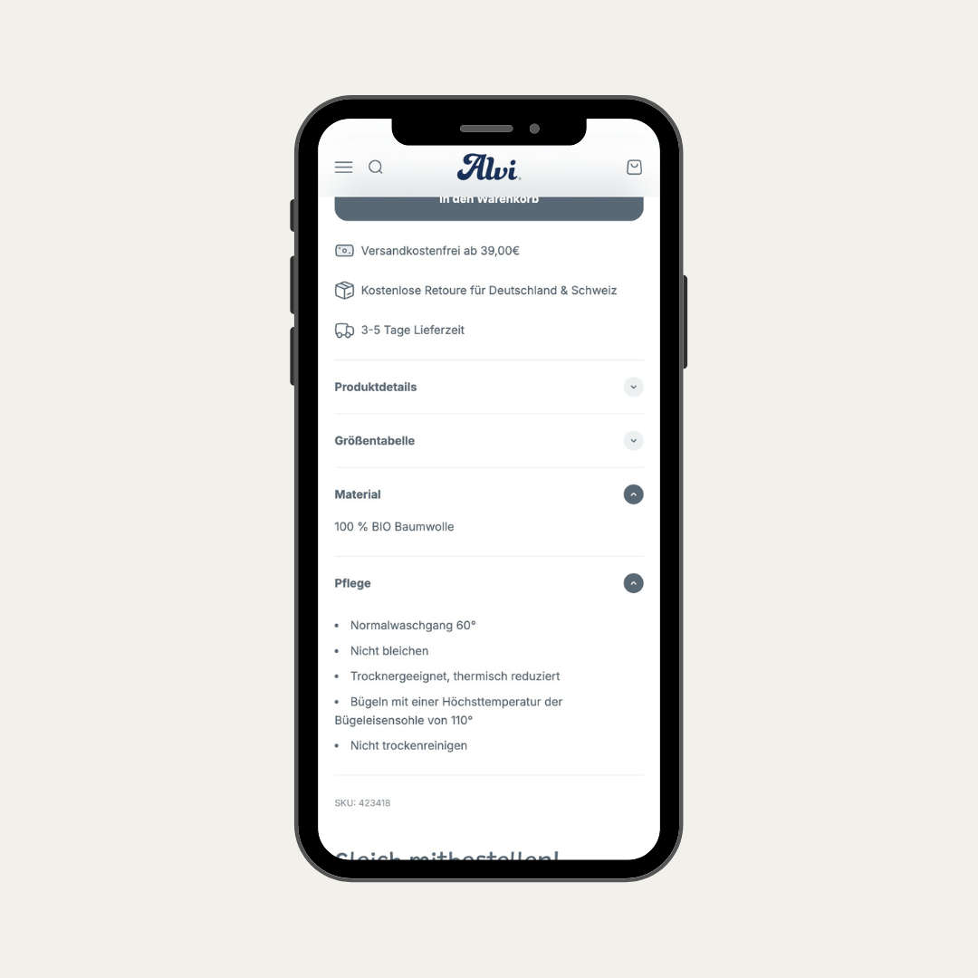 Das Mockup zeigt Features einer Produktdetailseite, die durch Metafields in Shopify gepflegt werden kann.