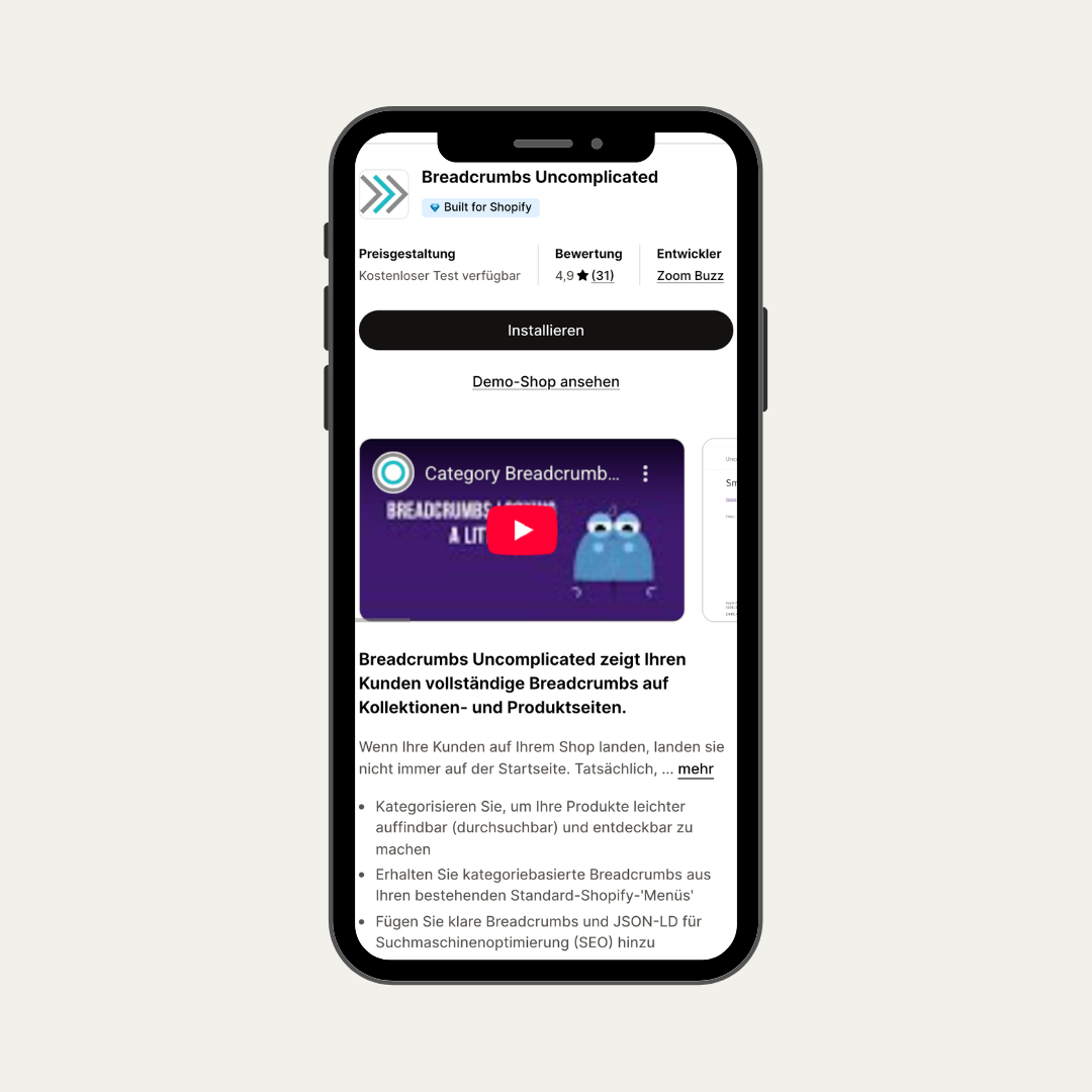 Das Mockup zeigt eine Shopify-App zur Erstellung und Optimierung von Breadcrumb-Navigation mit SEO-Unterstützung und einfacher Integration in Themes.