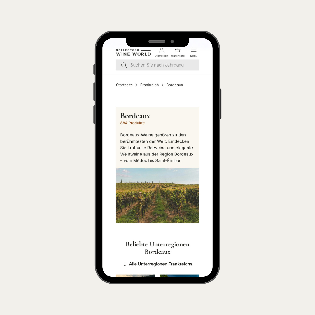 Das Mockup zeigt eine Breadcrumb-Navigation im Shopify-Shop mit Parent-Collection-Struktur zur Abbildung einer vollständigen Weinhierarchie von Region bis Winzer.