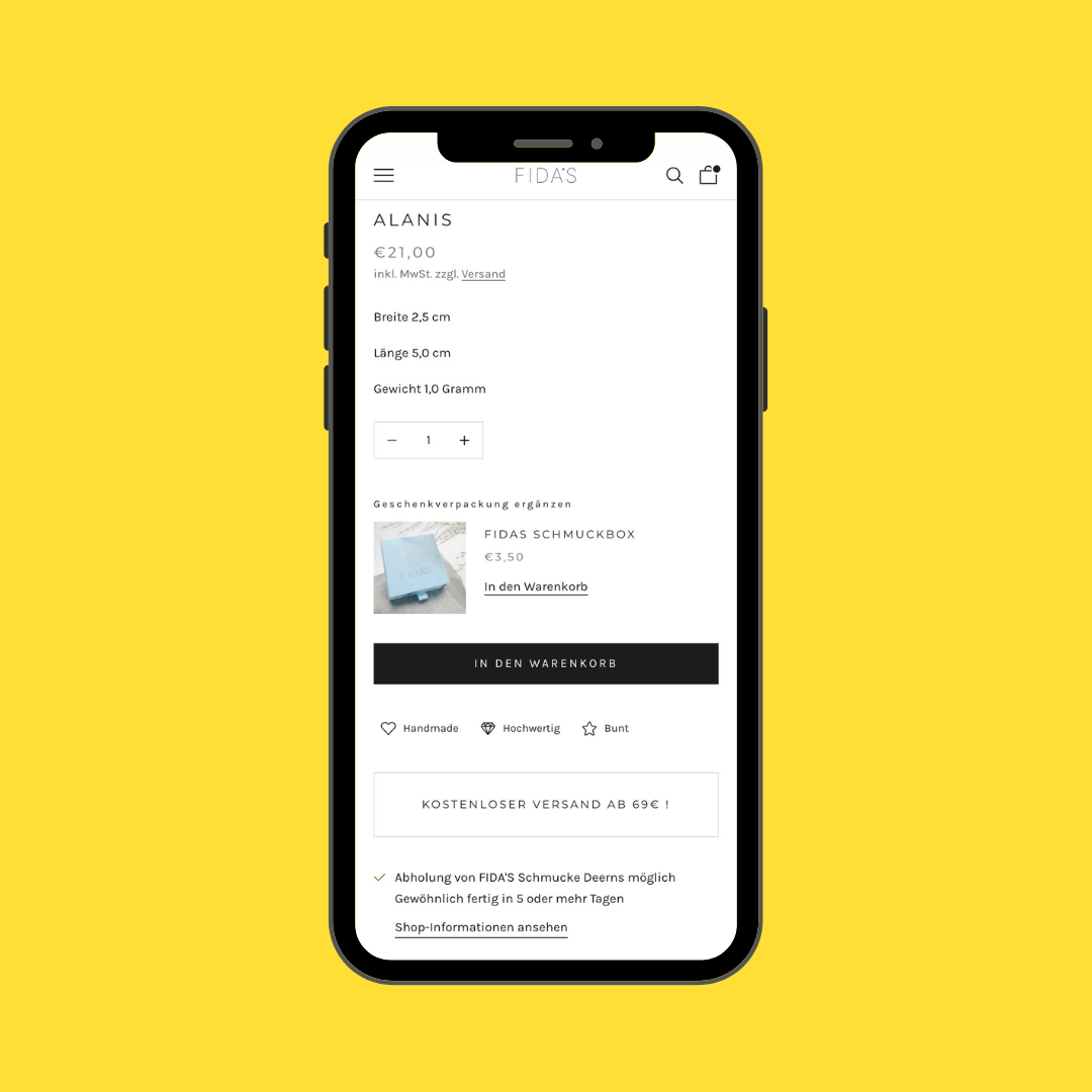 Das Mobile Mockup zeigt die Custom Section für Geschenkverpackung im FIDAS Shopify Shop.