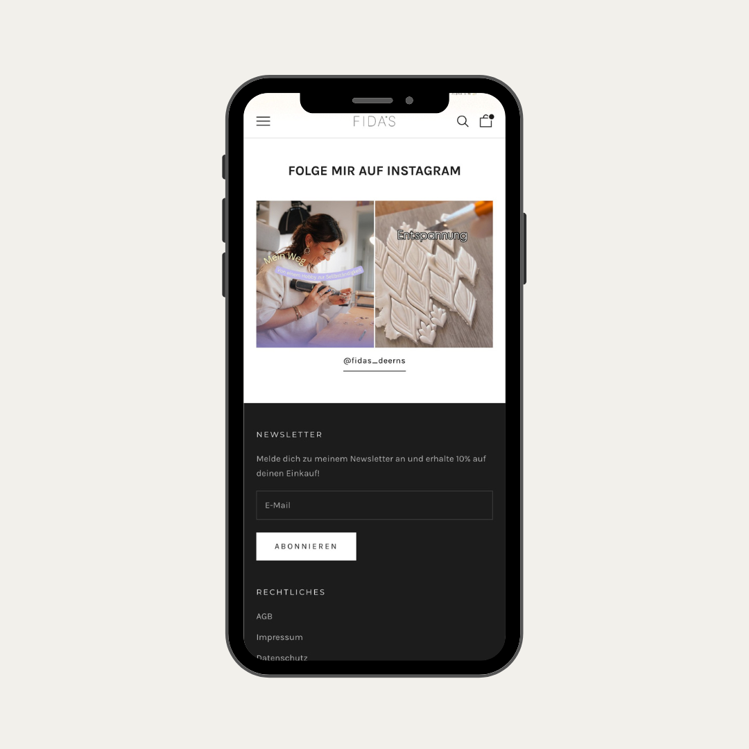 Das Mobile Mockup zeigt den Instagram Feed von FIDAS, der im Footer des Shopify Shops verlinkt ist.