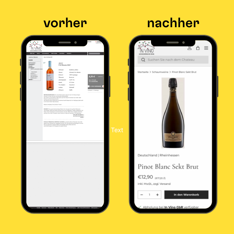Produktseite eines Weins mit strukturiertem Weinprofil und relevanten Informationen zum Produkt im Vorher-Nachher-Vergleich.