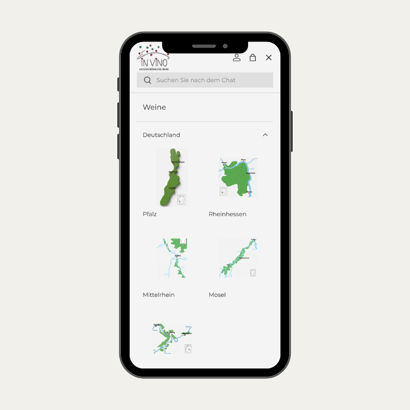 Visuelles Mega-Menü von In Vino mit Bildern zu verschiedenen Weinregionen.