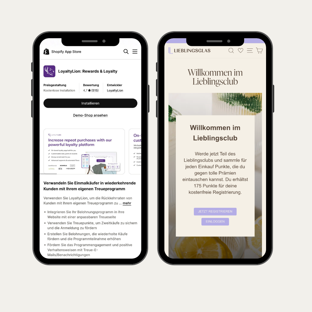 Mobile Darstellung der Loyalty Lion App im Shopify App Store.