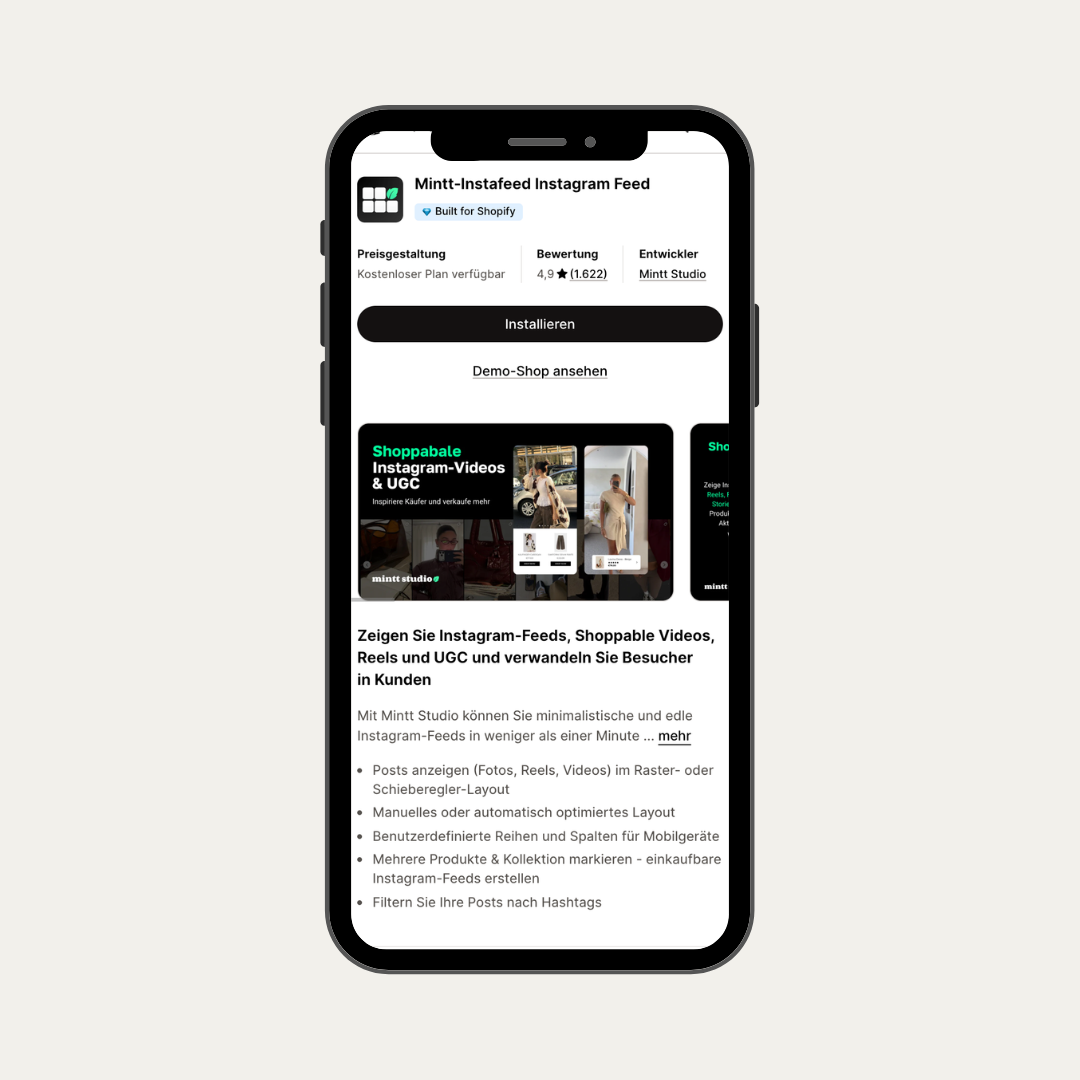 Mobile Mockup der Mintt Instagram Feed App im Shopify App Store