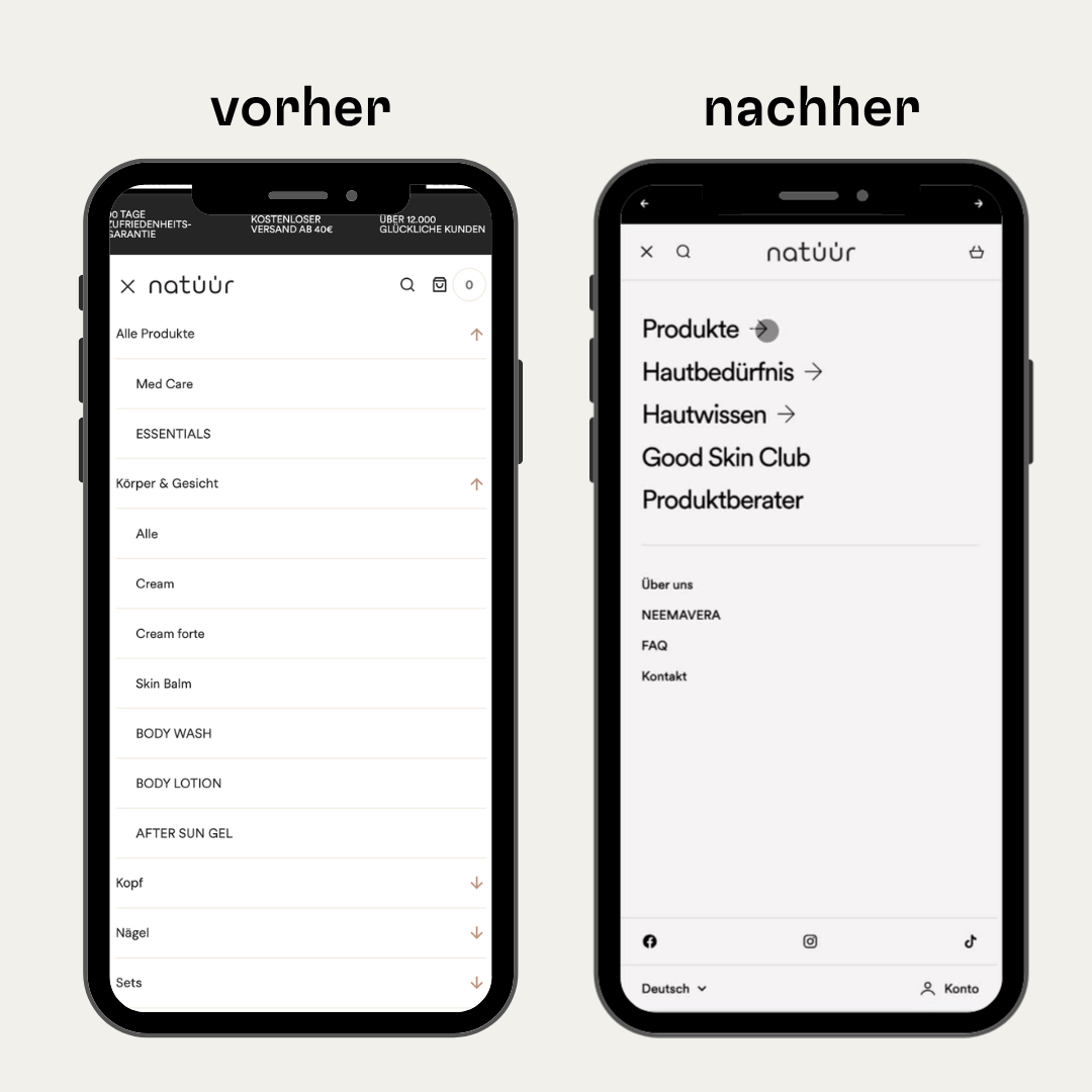 Das Handy Mockup zeigt die neue Navigation des natüür Shopify Shops.