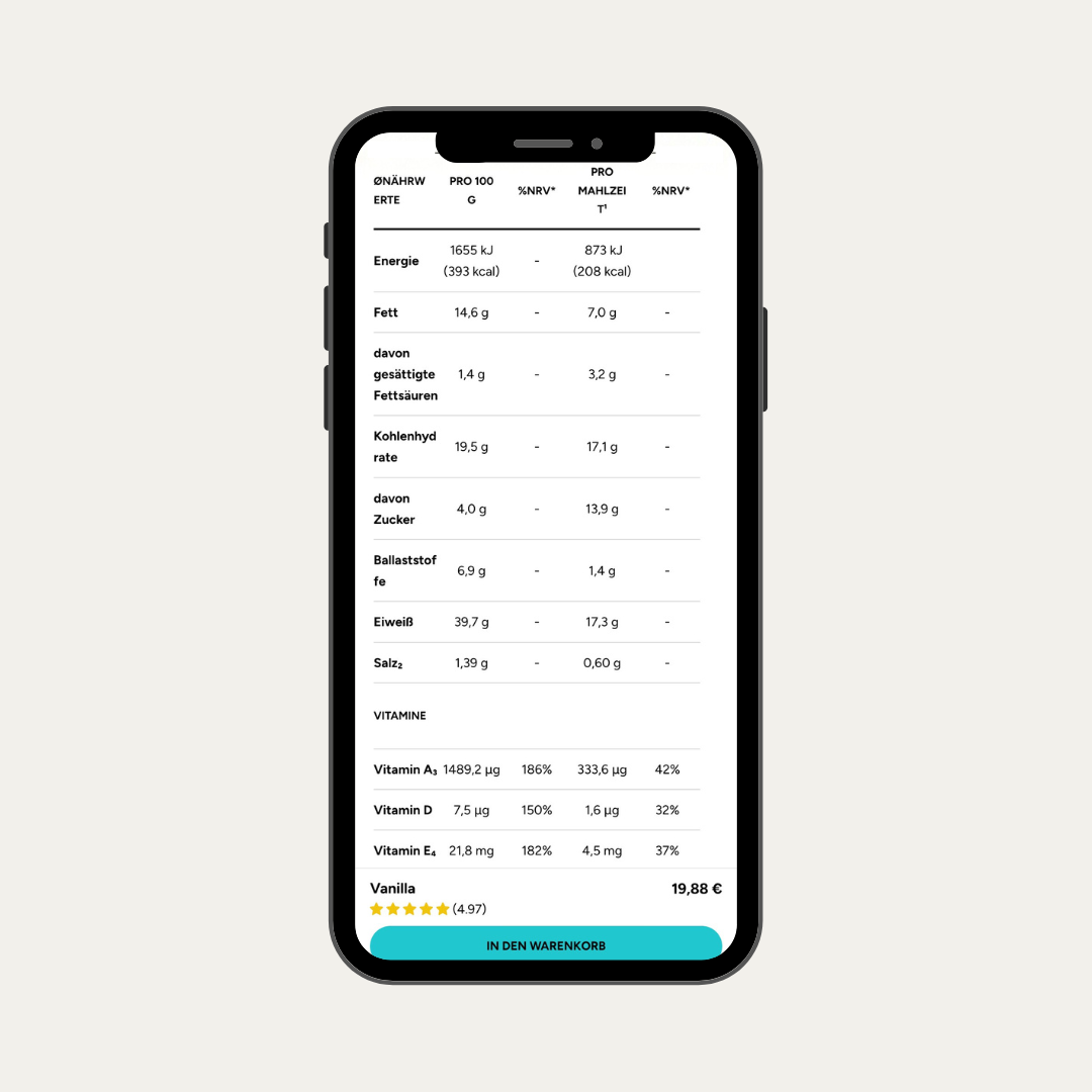 Das Mockup zeigt die Nährwerttabelle von Offset Nutrition.