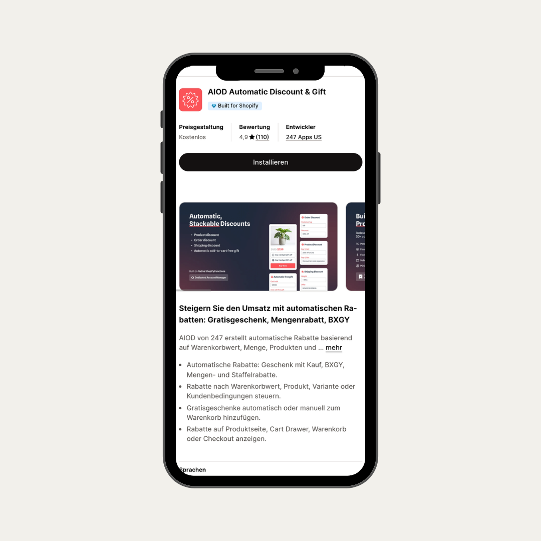 Das Mockup zeigt den Shopify App Store mit der App AIOD.