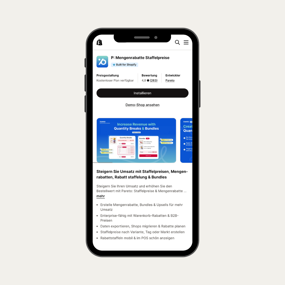 Das Mockup zeigt den Shopify App Store mit der App von Pareto, die dabei hilft im Shopify Shop Rabatte zu kombinieren.