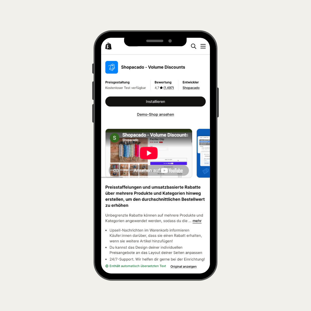 Das Mockup zeigt den Shopify App Store mit der App con Shopacado, die dabei hilft im Shopify Shop Rabatte zu kombinieren.