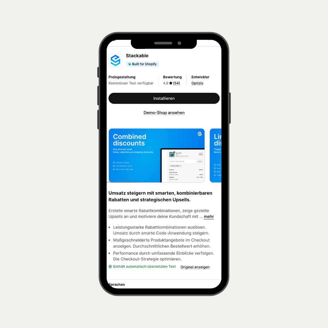 Das Mockup zeigt den Shopify App Store mit der App Stackable, die dabei hilft im Shopify Shop Rabatte zu kombinieren.