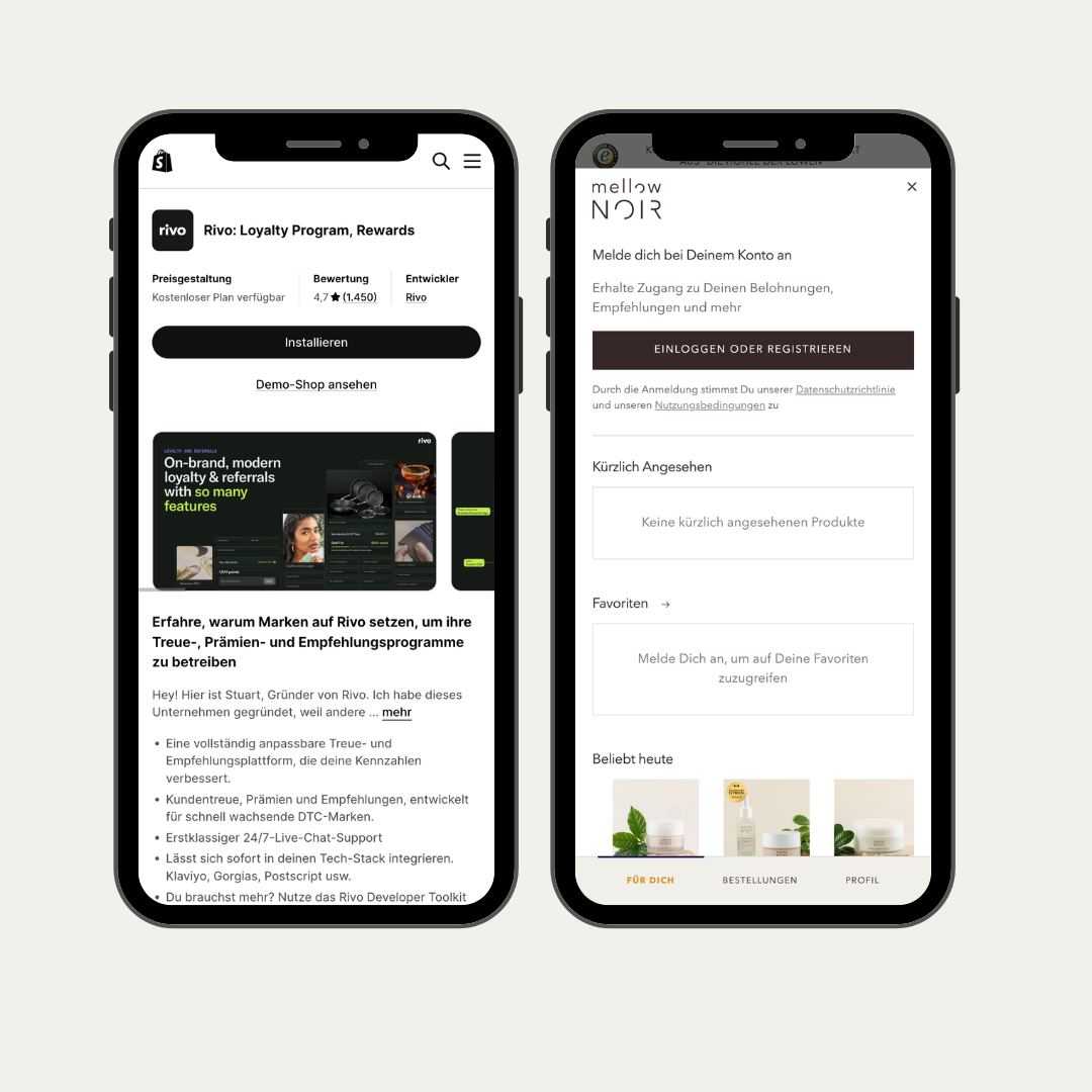 Die Rivo Loyalty App im Shopify App Store und angewandt in einem Beispiel Shopify Shop.