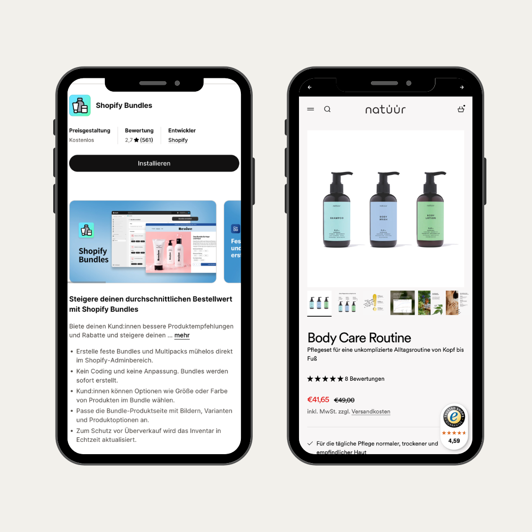 Shopify Bundles im Shopify App Store und Bundle Beispiel im natüür Shopify Shop.