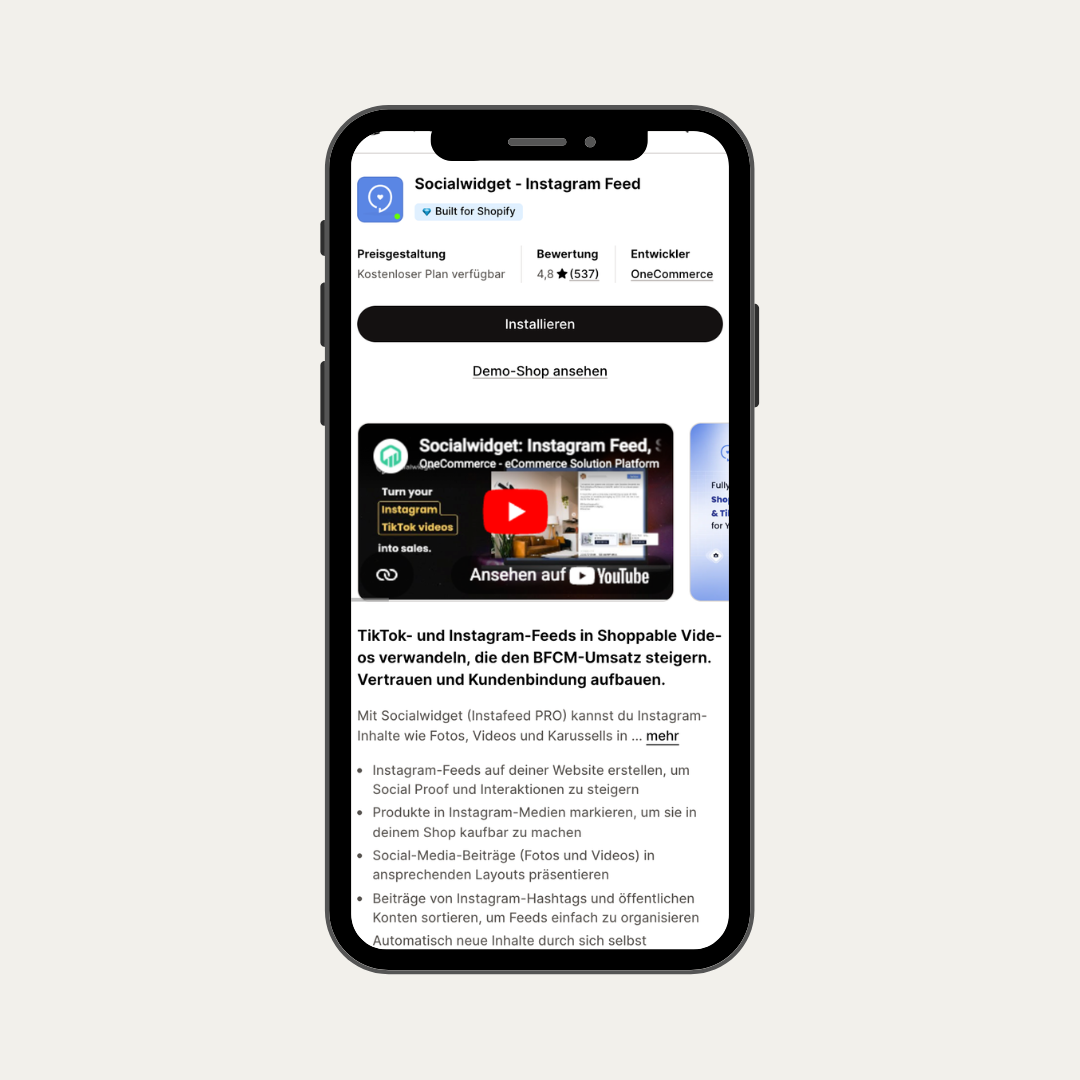 Mobile Darstellung der Socialwidget App im Shopify App Store.