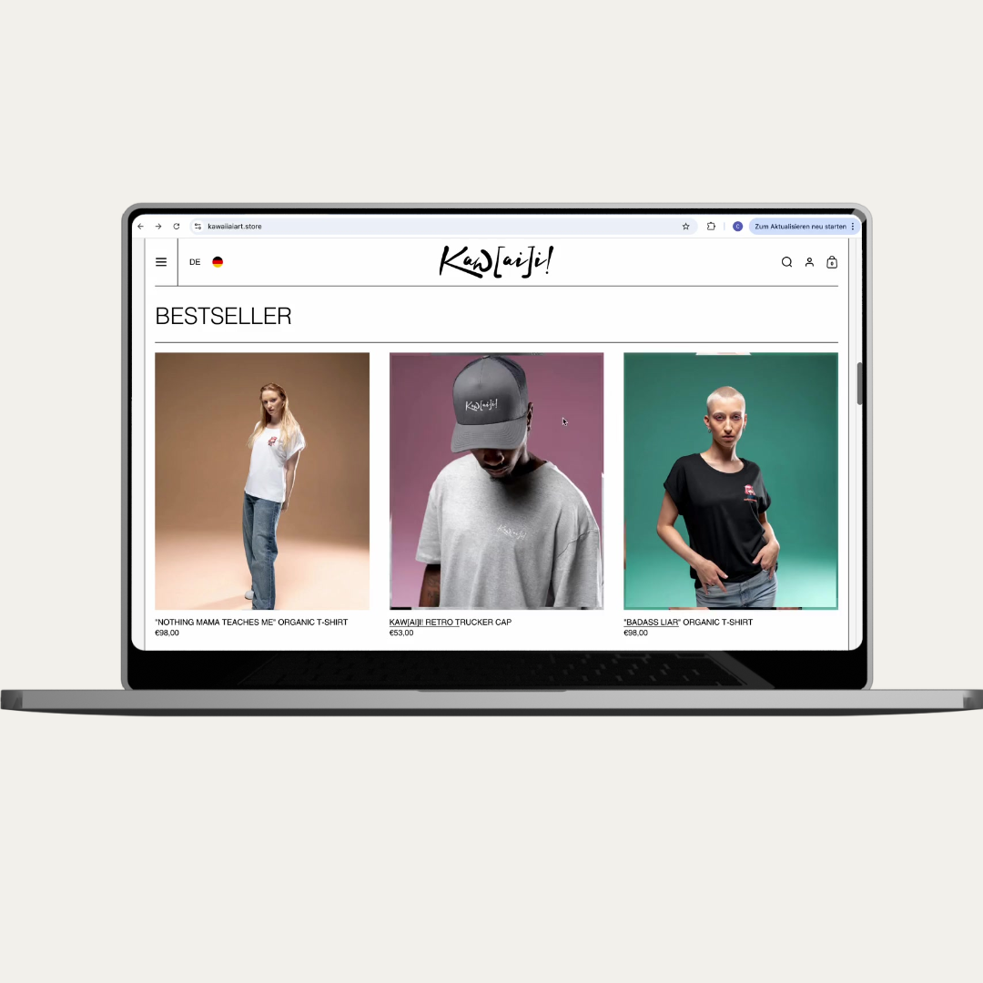 Das Mockup zeigt, dass ein zentrales visuelles Feature des Themes der auffällige Zoom-Effekt über den Produktbildern ist, der sofort die Aufmerksamkeit auf das Produkt zieht und es wirkungsvoll in Szene setzt.
