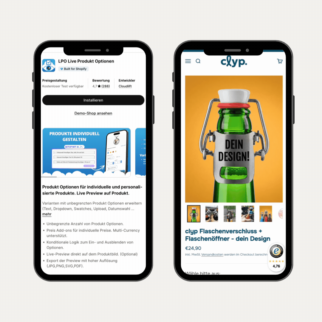 Mobile Produktseite mit individuellen Optionen wie Textfeldern und Uploads umgesetzt mit Live Product Options.