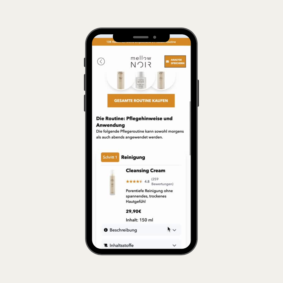 Das Mockup zeigt eine personalisierte Produktempfehlung basierend auf einer KI-Hautanalyse mit direkter Verknüpfung zum Shopify-Produktkatalog.
