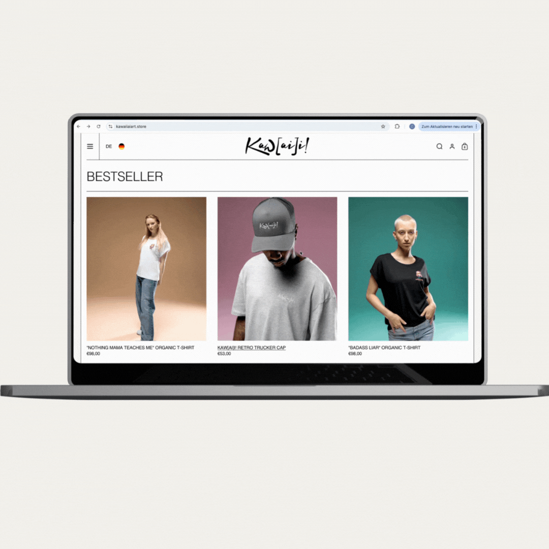 Das Mockup zeigt, dass ein zentrales visuelles Feature des Themes der auffällige Zoom-Effekt über den Produktbildern ist, der sofort die Aufmerksamkeit auf das Produkt zieht und es wirkungsvoll in Szene setzt.
