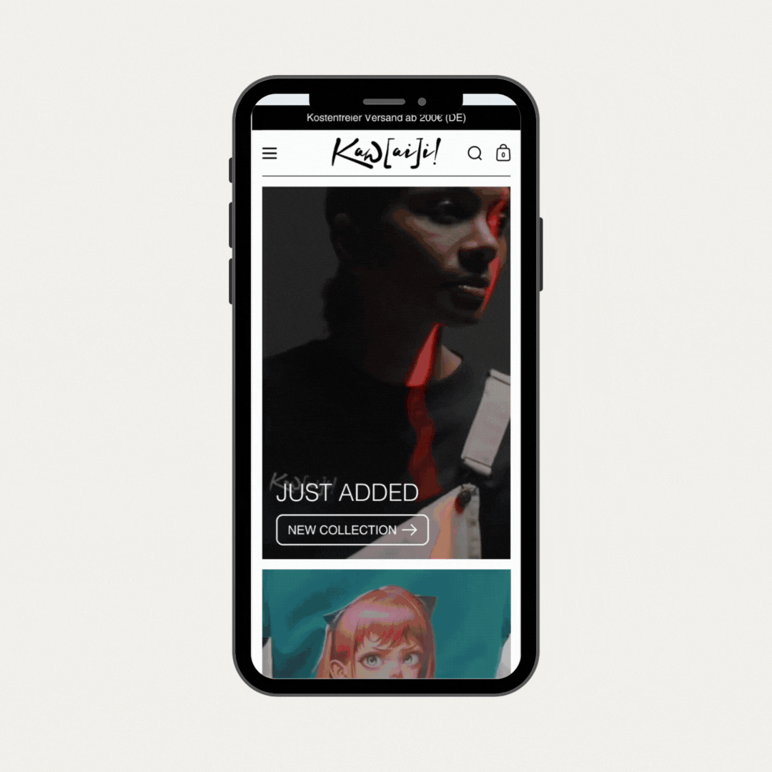 Das Mockup zeigt, dass als Basis das Borders Theme dient, das gezielt an die Markenidentität von Kaw[ai]i! angepasst wurde und durch seine modulare Struktur flexible Gestaltung und starkes Storytelling ermöglicht.
