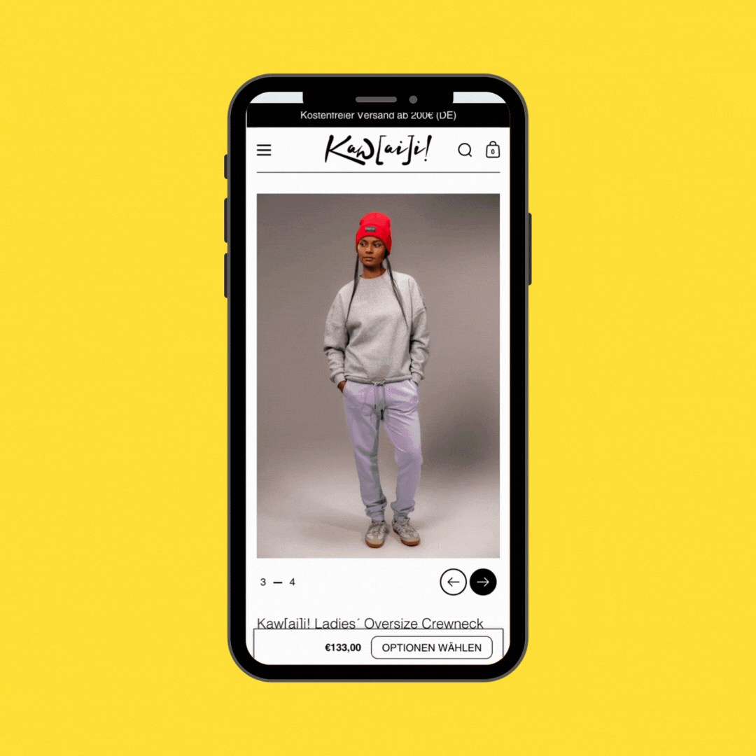 Das Mockup zeigt, dass durch eine dynamische Bildlogik auf Produktseiten nur die zur ausgewählten Farbvariante passenden Bilder angezeigt werden, was für eine klare und aufgeräumte Darstellung sorgt.
