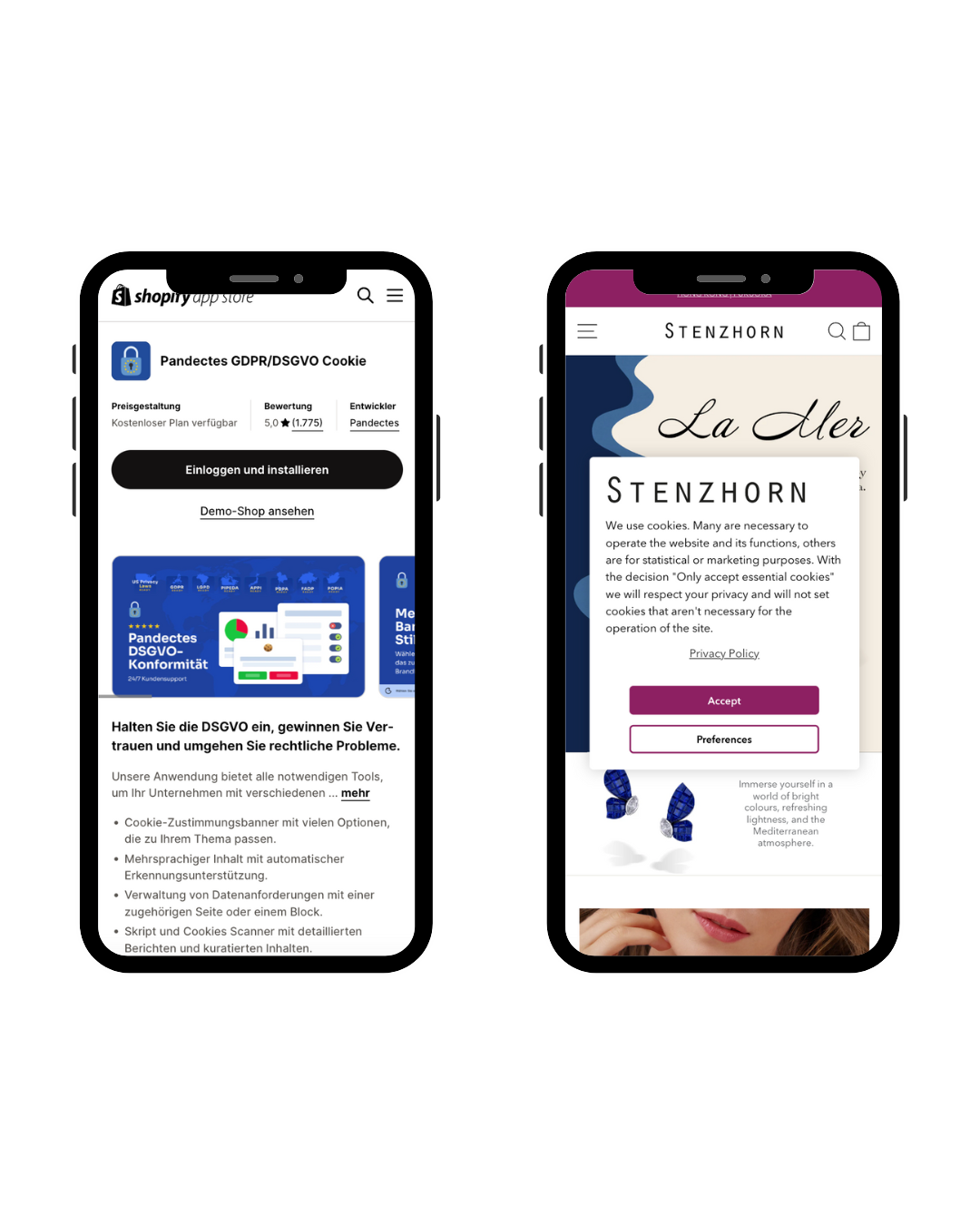 Mockups des Shopify Cookie Banners Pandectes. 