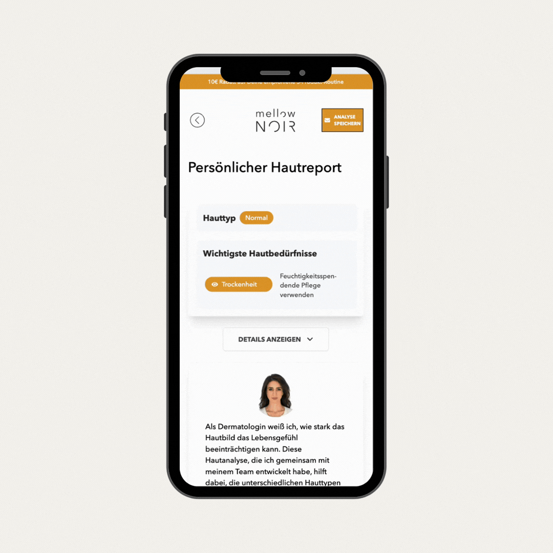 Das Mockup zeigt eine personalisierte Produktempfehlung basierend auf einer KI-Hautanalyse mit direkter Verknüpfung zum Shopify-Produktkatalog.
