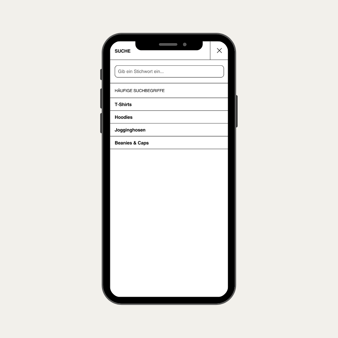 Das Mockup zeigt, dass häufig gesuchte Begriffe direkt in der Produktsuche verlinkt sind, was die Navigation vereinfacht und die Conversion verbessert.
