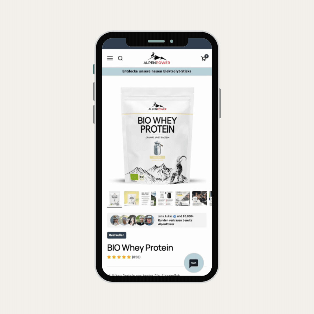 Das Mockup zeigt den Shopify Shop von Alpenpower und die Integration von Klaviyo als Alternative zu einer Wishlist App. 