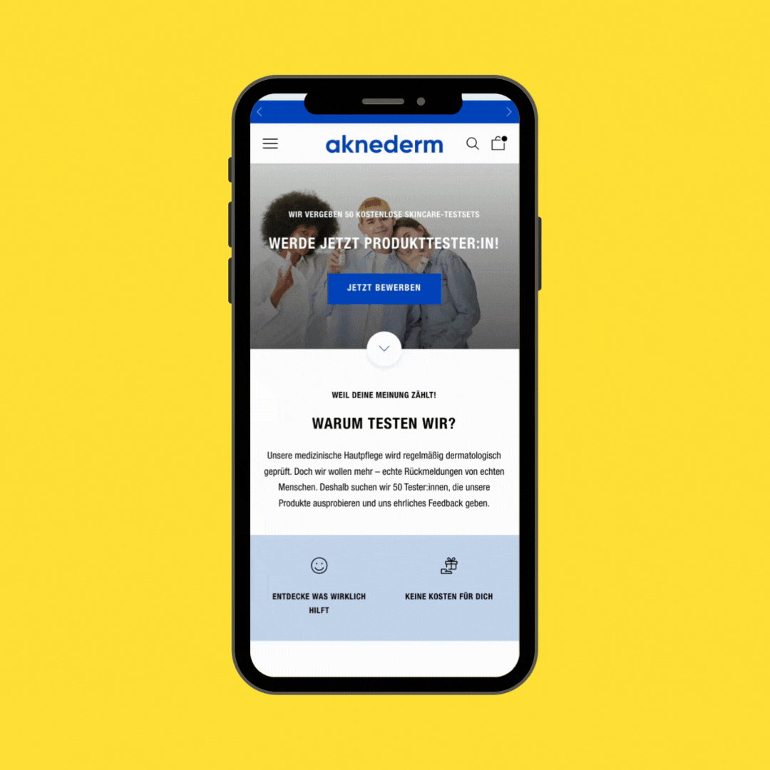 Das Mockup zeigt eine Landingpage, über die Tester:innen für aknederm gewonnen und der Bewerbungsprozess automatisiert abgewickelt wird.