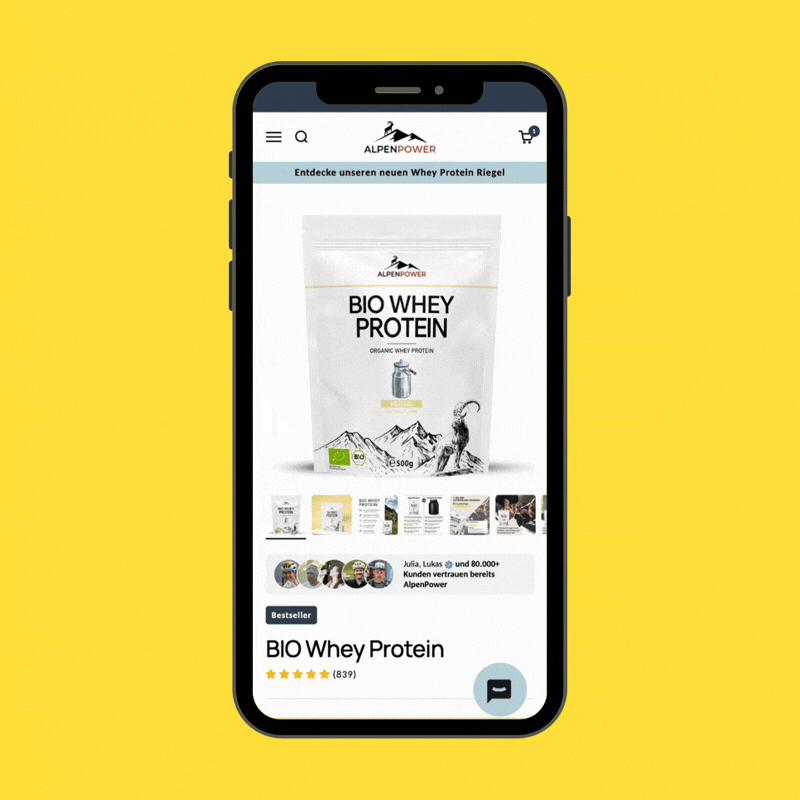 Das Mockup zeigt die dynamische Bildlogik der Produktseite. Je nach gewählter Geschmacksvariante werden nur die passenden Produktbilder angezeigt.