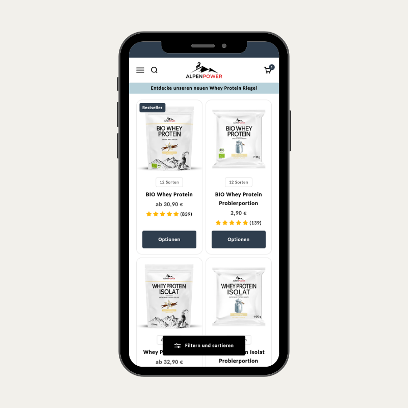 Das Mockup zeigt die neue Collectionpage mit den Sorten Badges.
