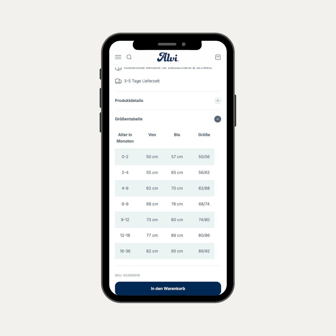 Für den Shopify Shop von Alvi wurde mit der Shopify Migration auch eine Größentabelle implementiert. 
