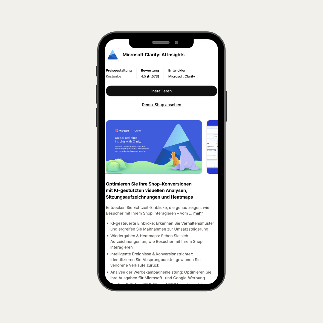 Mockup der Clarity App aus dem Shopify App Store.