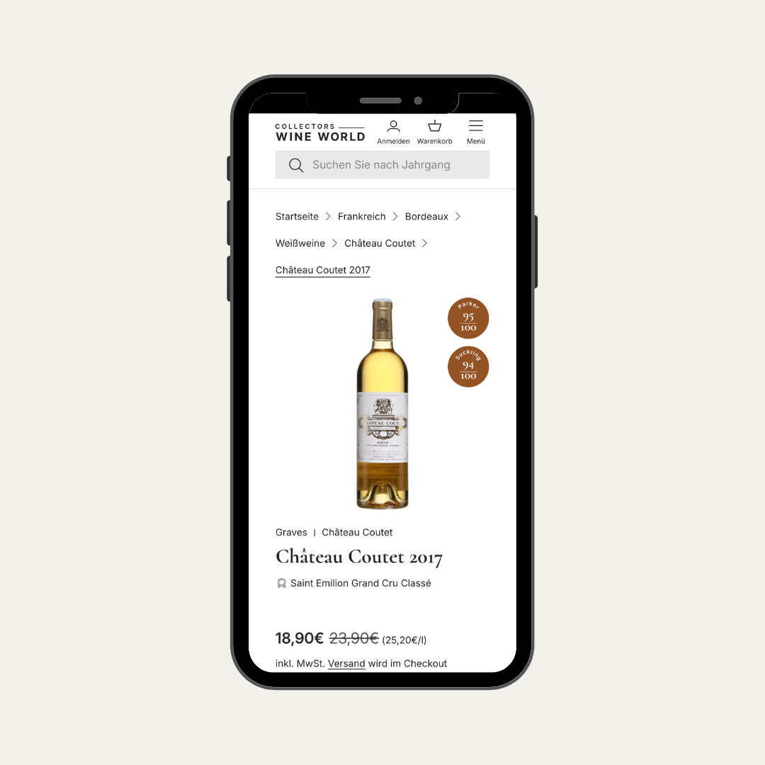 Das Mockup zeigt eine mehrstufige Breadcrumb-Navigation im Shopify-Shop Collectors Wine World mit vier Hierarchie-Ebenen von Land bis Weingut.
