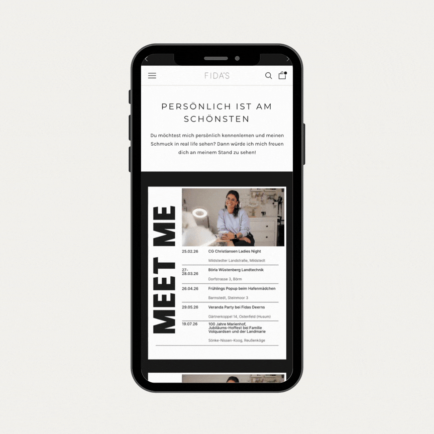 Das mobile Mockup Video zeigt die Meet me-Seite des Shopify Shops. 