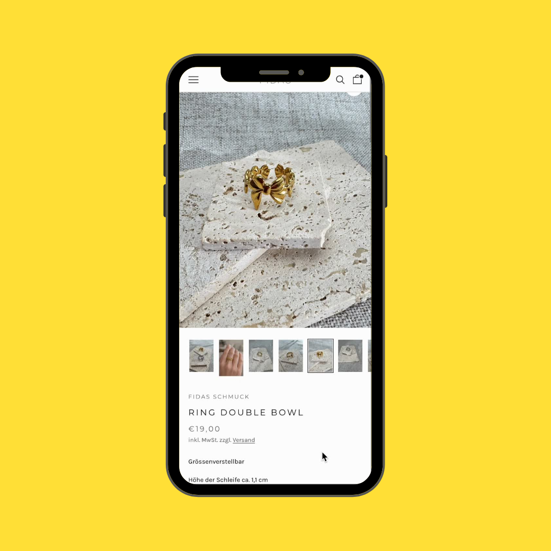Mobile Mockup der Produktdetailseite vom FIDAS Shopify Shop. 