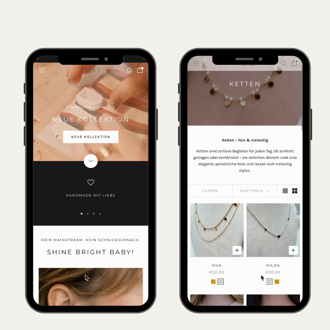 Mobile Mockup der Fidas Startseite und Fidas Collection Page.