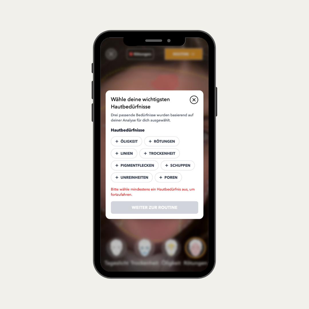 Das Mockup zeigt eine KI-gestützte Hautanalyse mit Selfie-Aufnahme und Auswahl von Hautbedürfnissen zur Bestimmung des Hautzustands.
