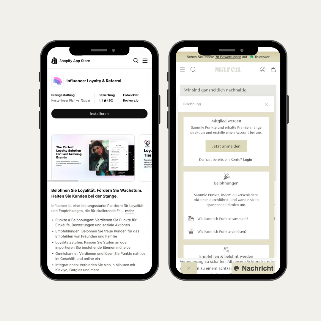 Mobile Darstellung von Loyalty App Influence
