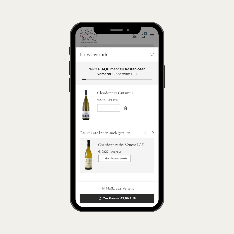 Shopify nativer Cart Drawer mit Upsell Empfehlungen. 
