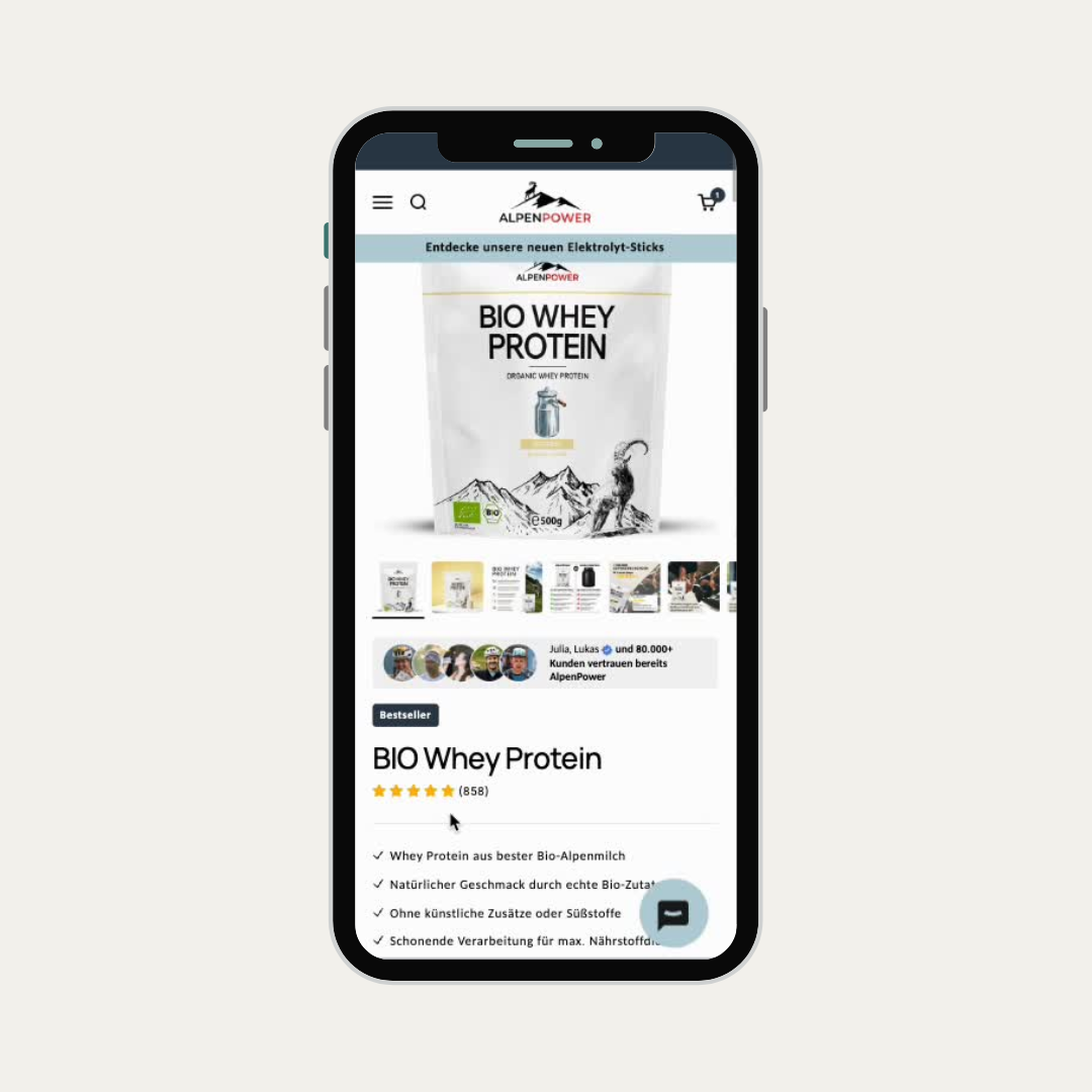 Das Mockup zeigt den Shopify Shop von Alpenpower und die Integration von Klaviyo als Alternative zu einer Wishlist App. 