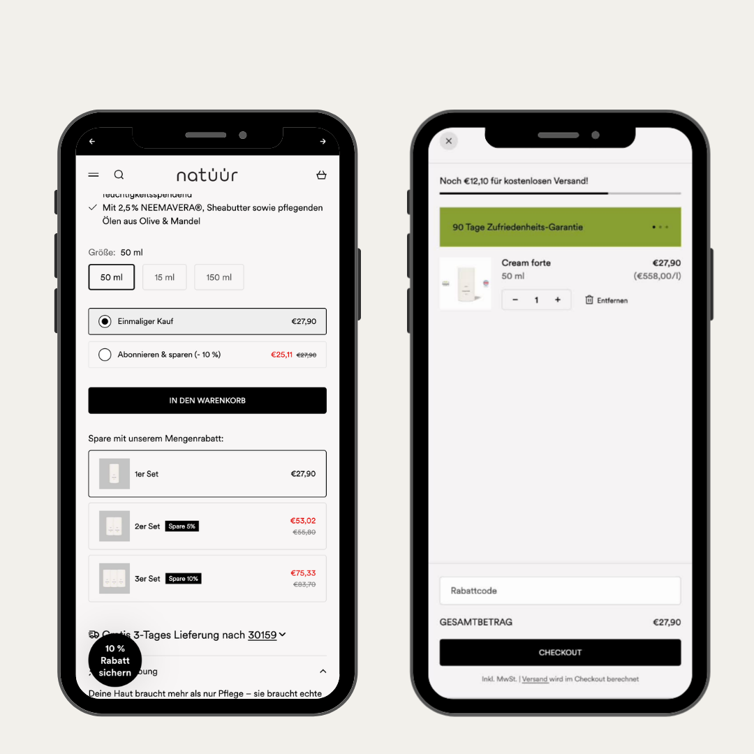 Mockup eines Handys, dass die Mengenrabatt Logik von natüür anzeigt.