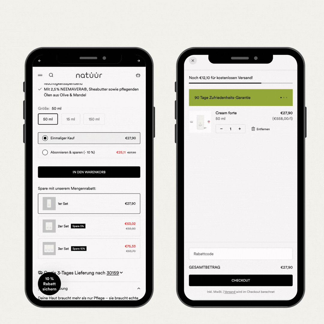 Das Mockup zeigt die Custom Rabattlogik im natüür Shopify Shop. 