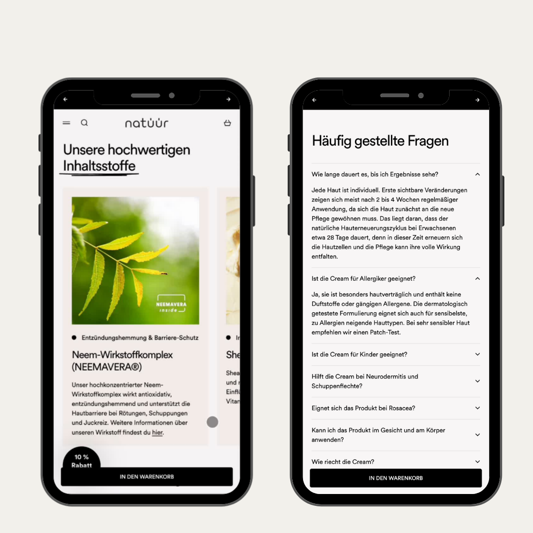 Mockup der Metaobjectlogik des Shopify Shops von natüür. 