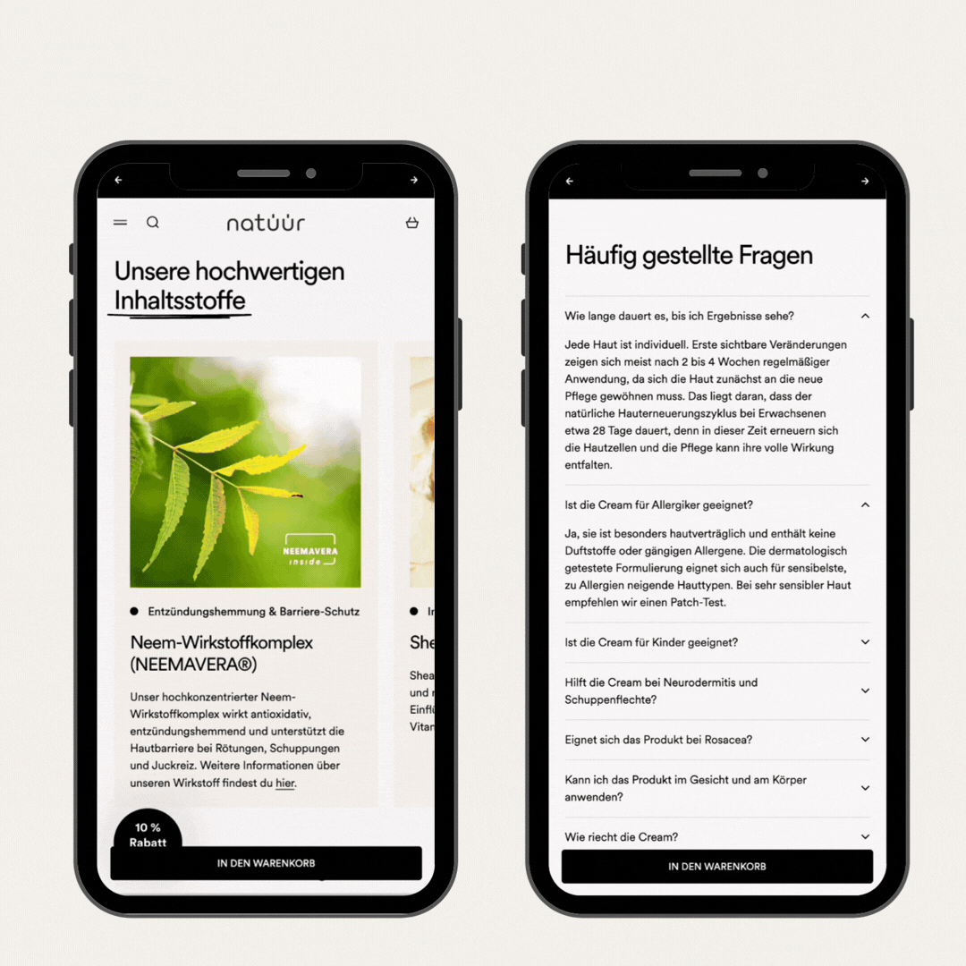 Die im Mockup zusehenden Sections für die Inhaltsstoffe und die FAQs wurden in Shopify über eine Metaobejctlogik gelöst. 